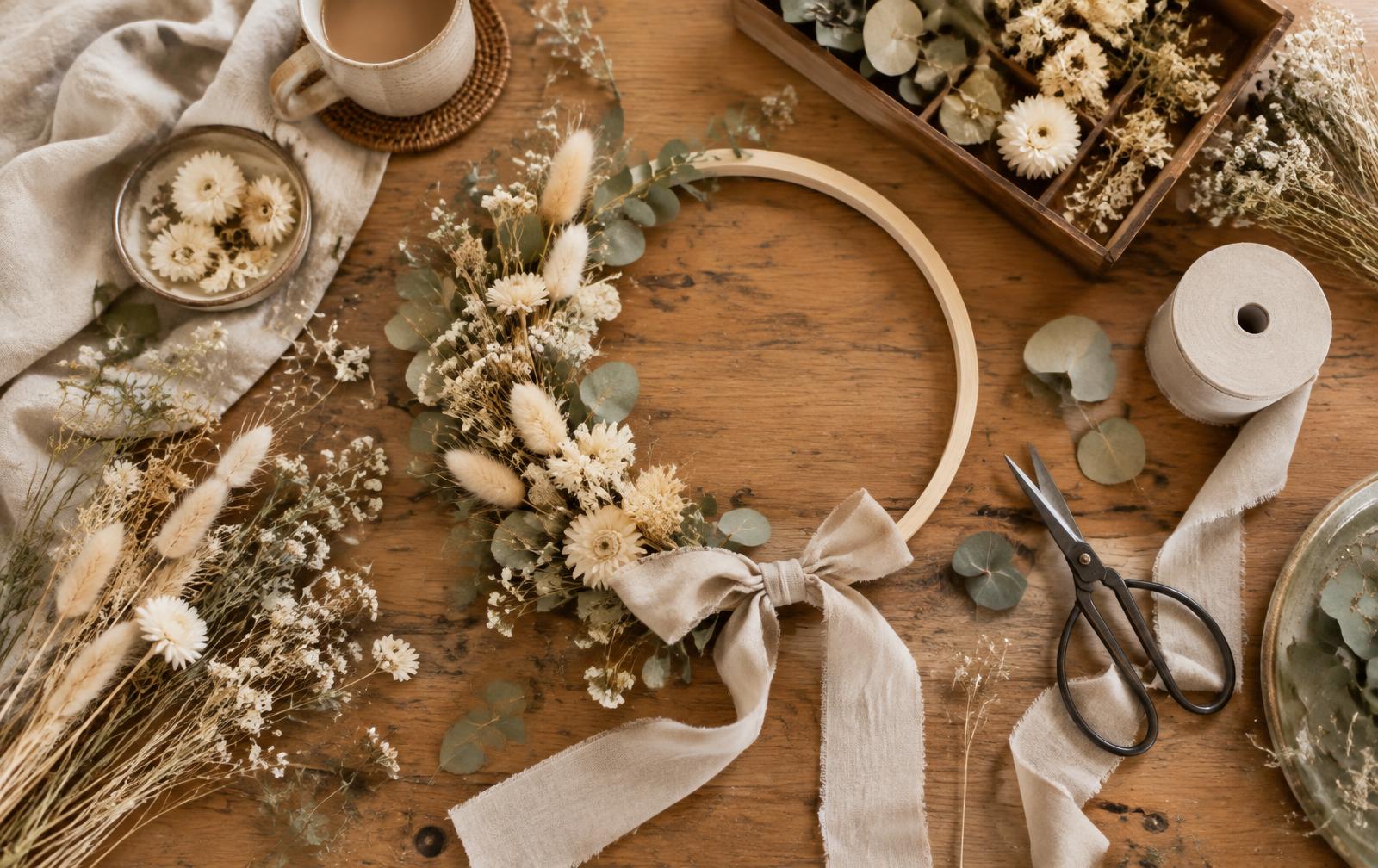 Knutseltafel met linnen band en droogbloemen
